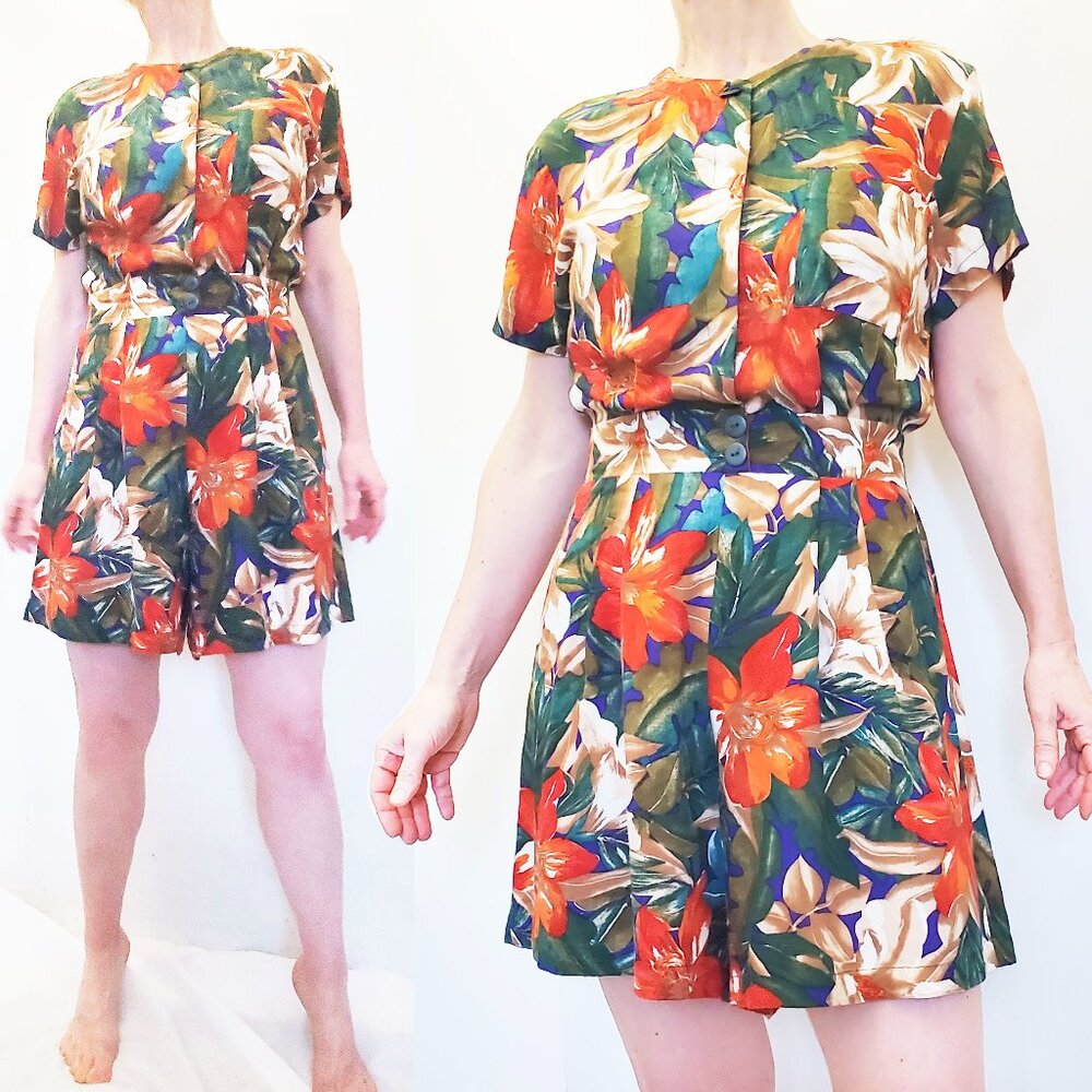 80s Fritzi California Womens Vintage Hawaiian Floral Print Romper Playsuit